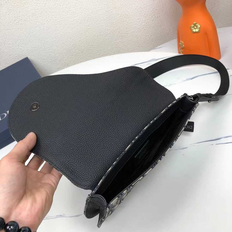 D*or saddle messenger bag  beige and black oblique printed fabric and black grained cowhide leather