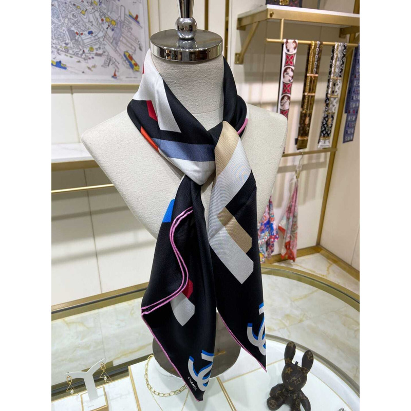 Ch*el square scarf silk twill black