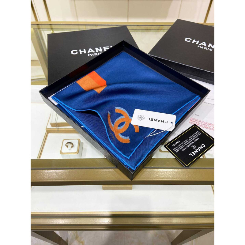 Ch*el square scarf silk twill blue