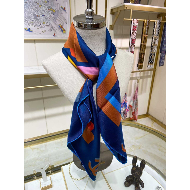 Ch*el square scarf silk twill blue