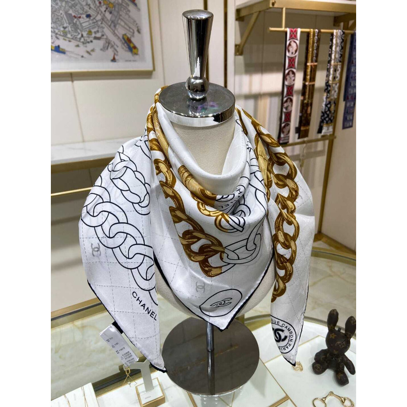 Ch*el square scarf silk twill white