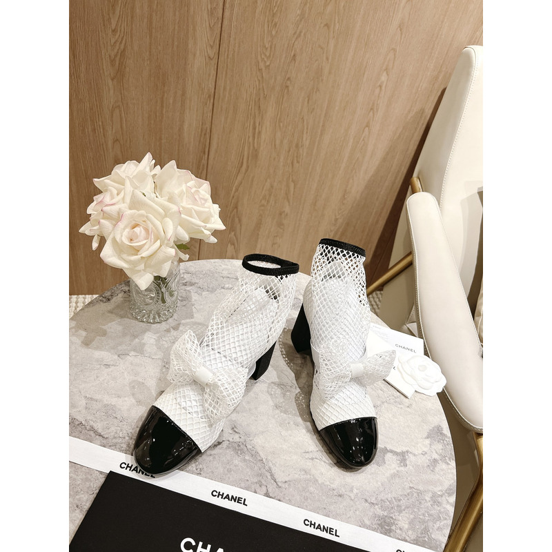 Ch*el white mesh preowned slip on bow ankle boots