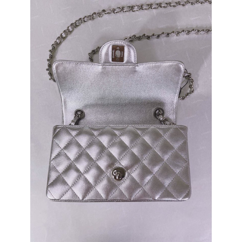 Ch*el metallic lambskin quilted mini rectangular flap silver