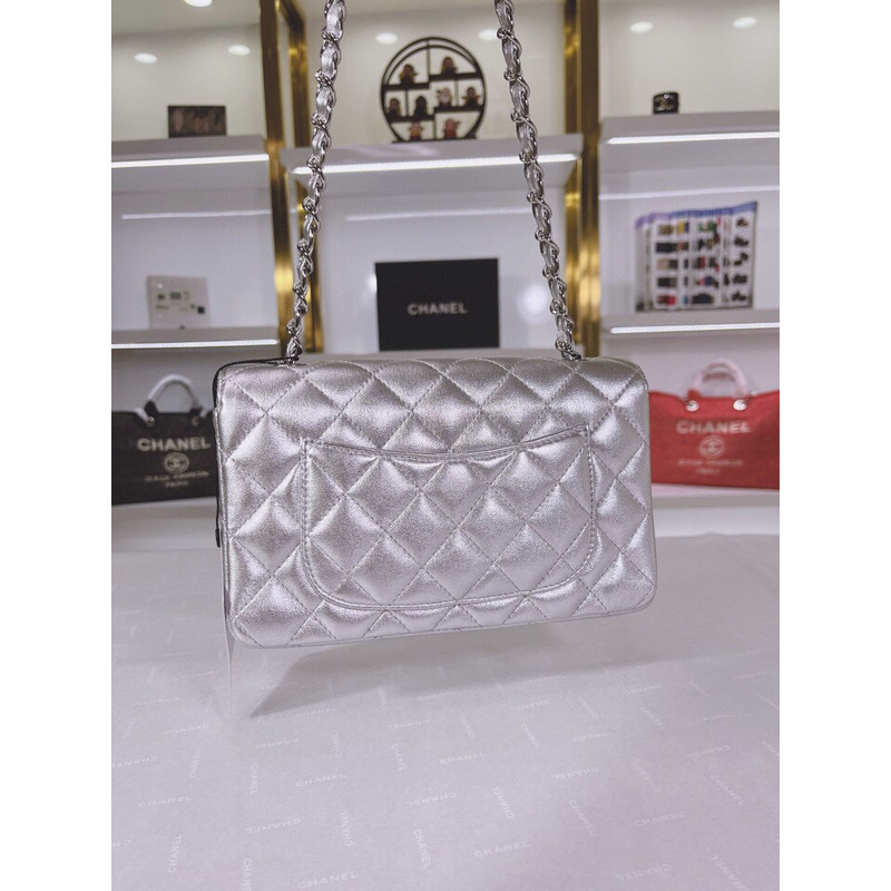Ch*el metallic lambskin quilted mini rectangular flap silver