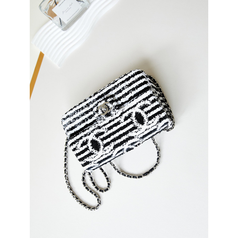 Ch*el small flap bag sequins black & white
