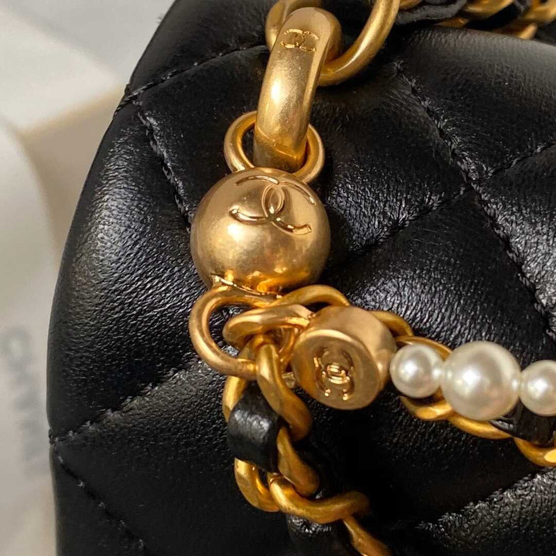 Ch*el mini flap bag shiny lambskin, imitation pearls & gold-tone metal black