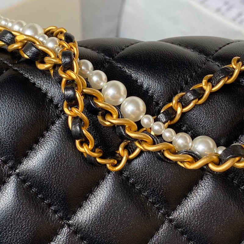Ch*el mini flap bag shiny lambskin, imitation pearls & gold-tone metal black