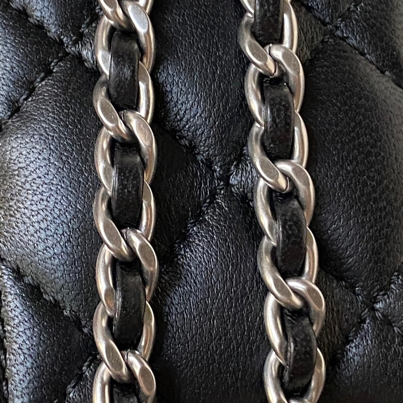 Ch*el rhombus sheepskin leather chain shoulder silver buckle chain belt shoulder bag black