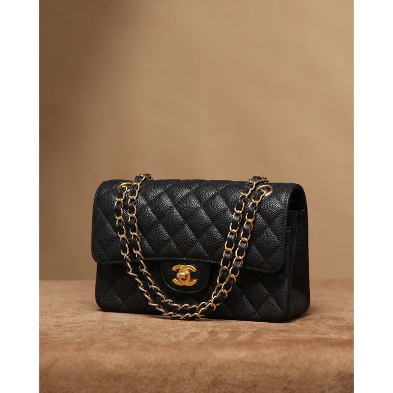 Ch*el small caviar gold classic flap bag black