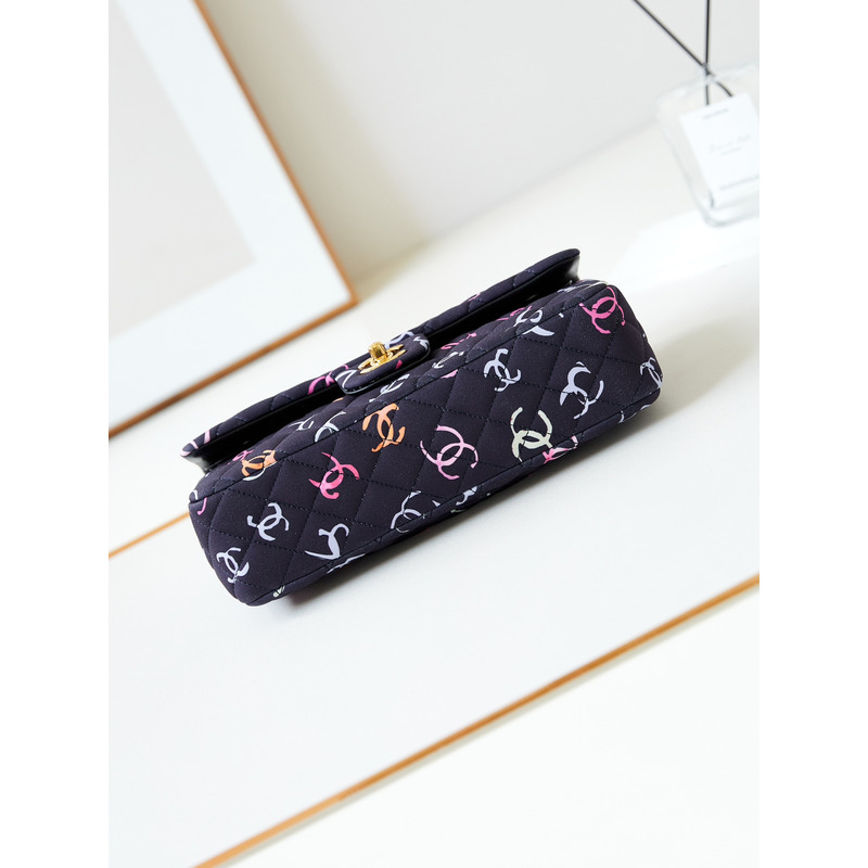 Ch*el classic 11.12 bag style printed fabric & gold-tone metal black and multicolor