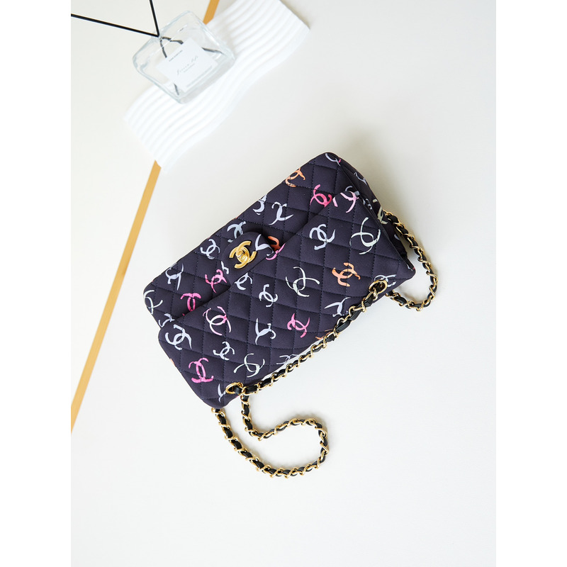 Ch*el classic 11.12 bag style printed fabric & gold-tone metal black and multicolor