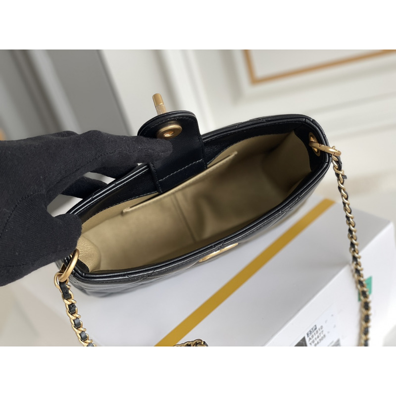 Ch*el small hobo bag grained shiny calfskin & gold-tone metal black