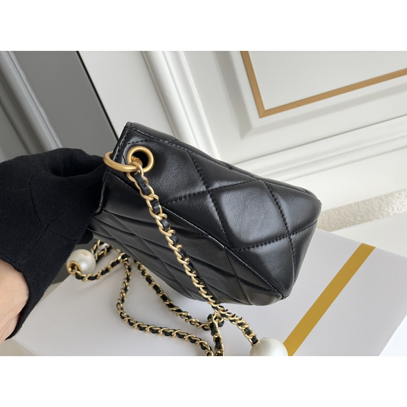 Ch*el small hobo bag grained shiny calfskin & gold-tone metal black