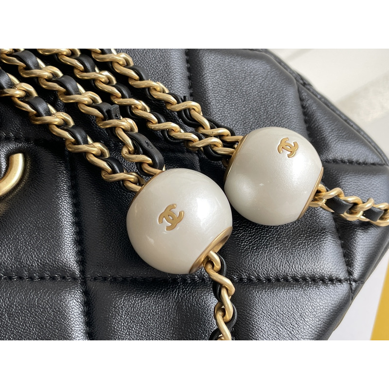 Ch*el small hobo bag grained shiny calfskin & gold-tone metal black