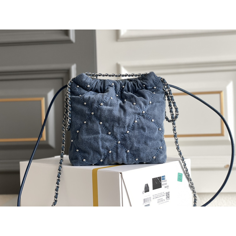 Ch*el 22 small handbag washed denim & silver-tone metal blue