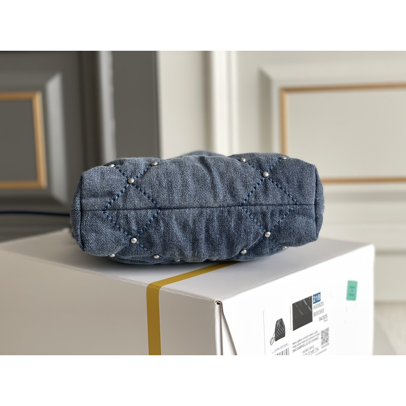 Ch*el 22 small handbag washed denim & silver-tone metal blue