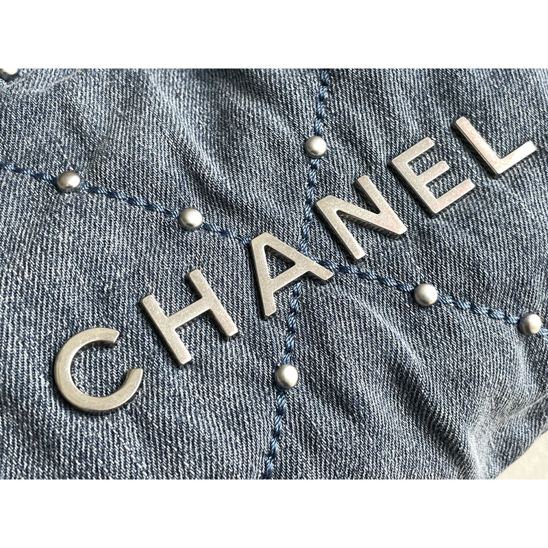 Ch*el 22 small handbag washed denim & silver-tone metal blue