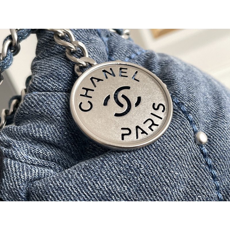 Ch*el 22 small handbag washed denim & silver-tone metal blue