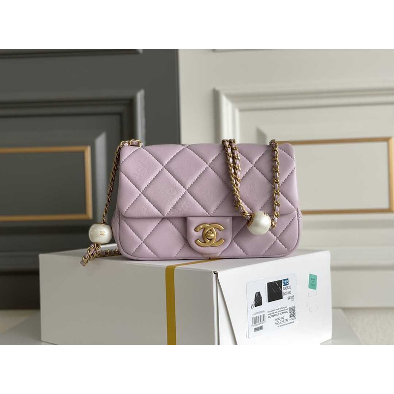 Ch*el mini flap bag lambskin imitation pearls & gold-tone metal pink