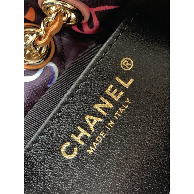 Ch*el backpack printed fabric & gold metal black & multicolour