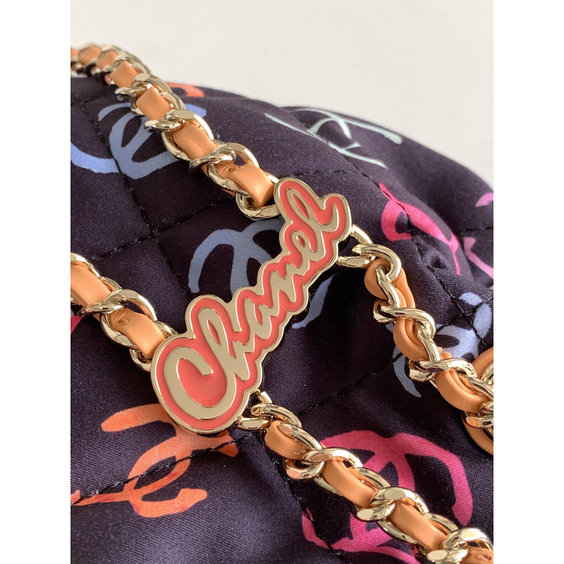 Ch*el backpack printed fabric & gold metal black & multicolour
