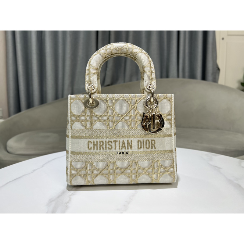 D*or medium lady d-lite bag  white and gold-tone macrocannage embroidery
