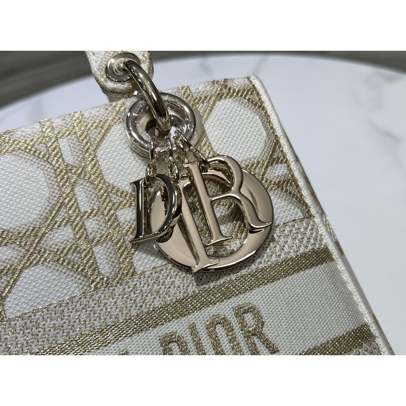 D*or medium lady d-lite bag  white and gold-tone macrocannage embroidery