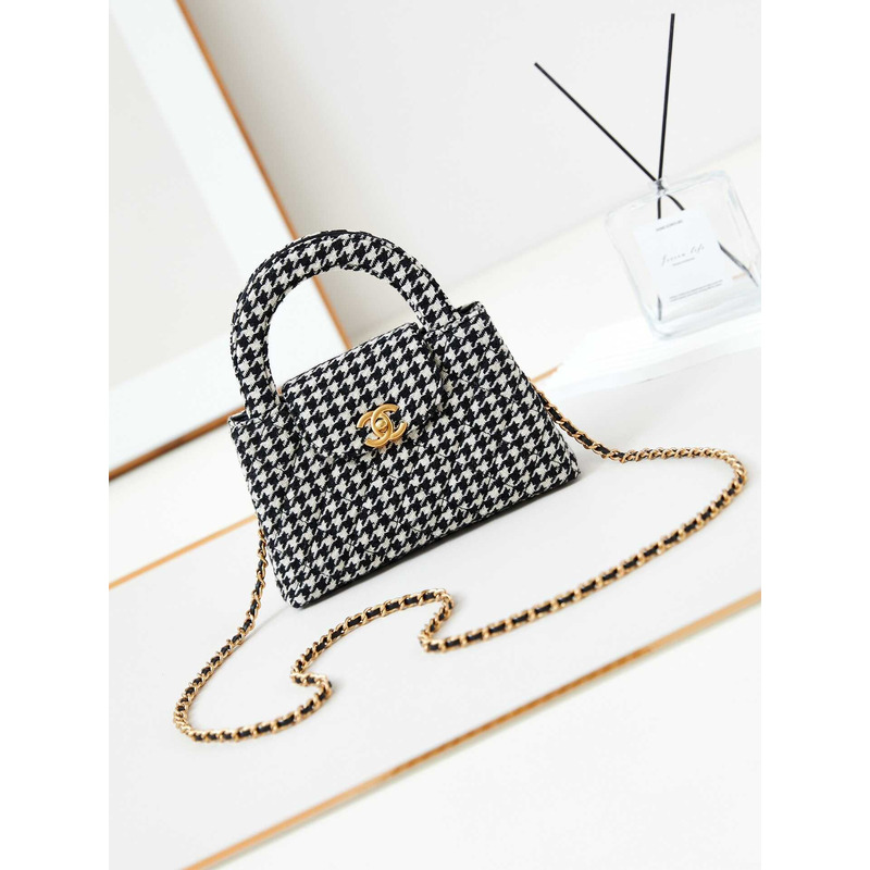 Ch*el mini kelly shopping bag cotton tweed black and white