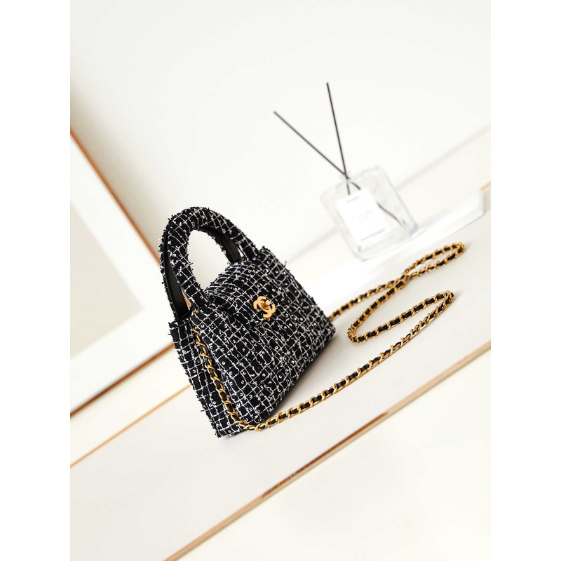 Ch*el mini kelly shopping bag cotton tweed black