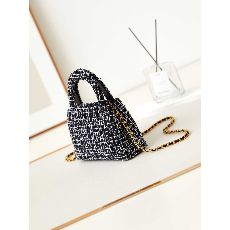 Ch*el mini kelly shopping bag cotton tweed black