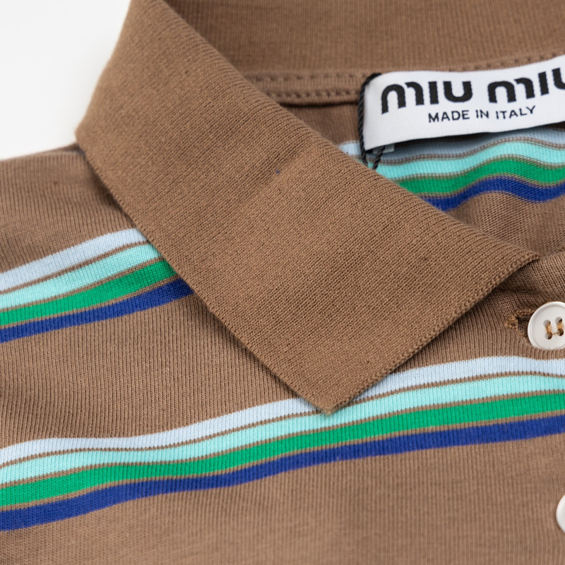 Miu Miu Jersey Polo Shirt Stripes Long-sleeved Cotton Brown