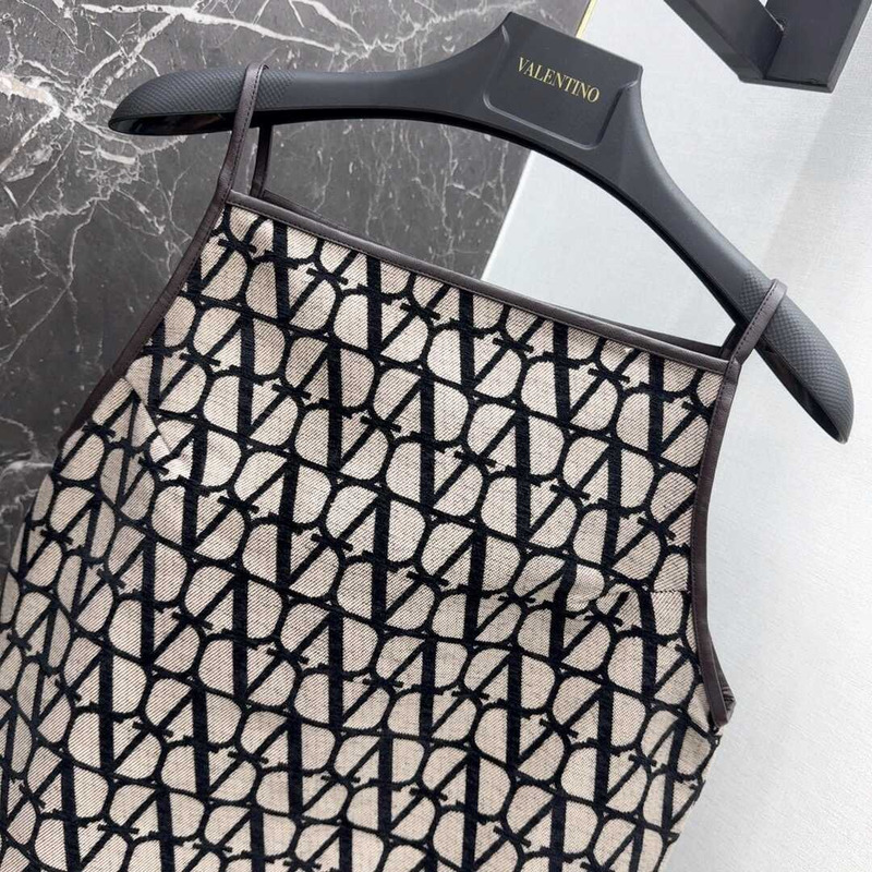 Valentino Leather-Trimmed Canvas-Jacquard Mini Dress Brown