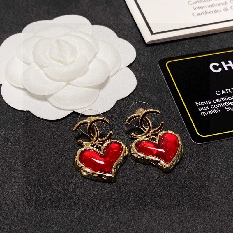 Ch*el love rhinestone earrings gold logo red