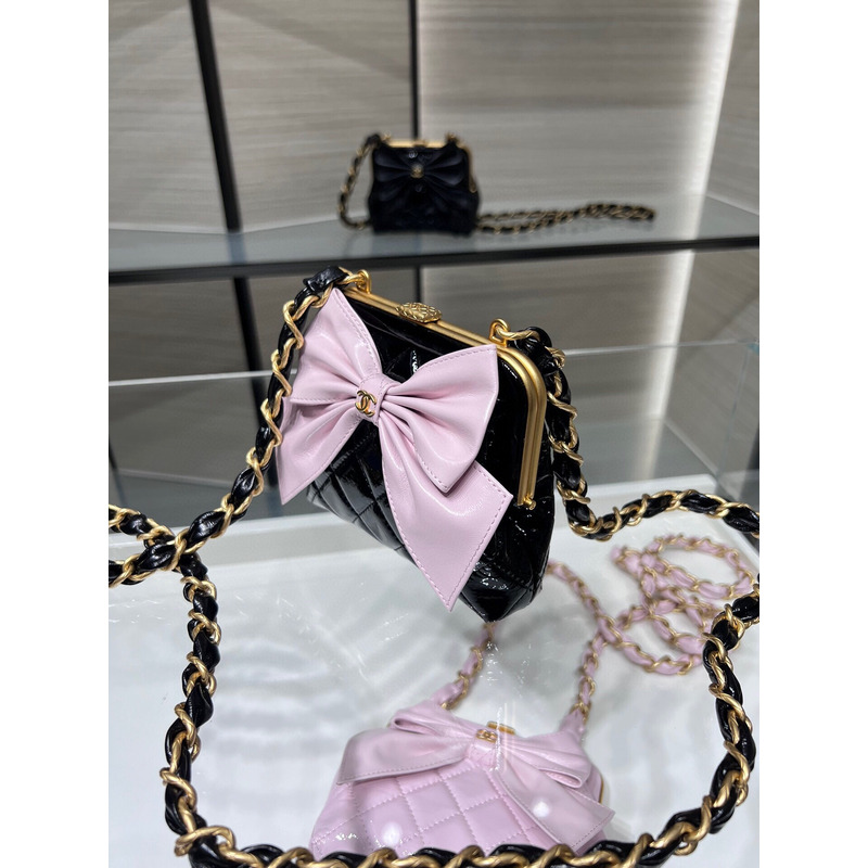 Ch*el clutch with chain gold-tone metal black & pink