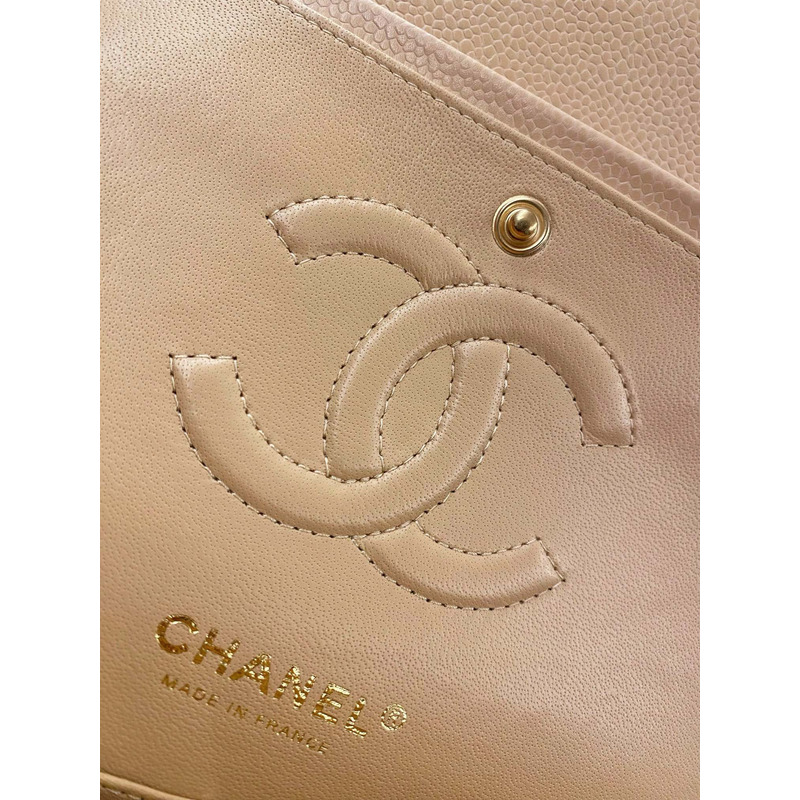 Ch*el large classic caviar handbag beige