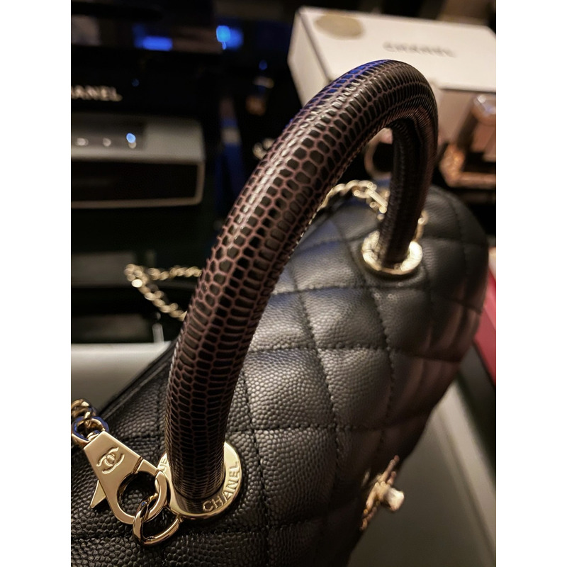 Ch*el flap bag with handle grained calfskin & gold-tone metal black