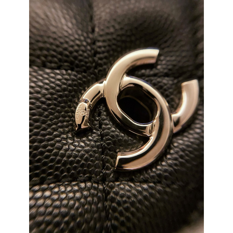 Ch*el flap bag with handle grained calfskin & gold-tone metal black