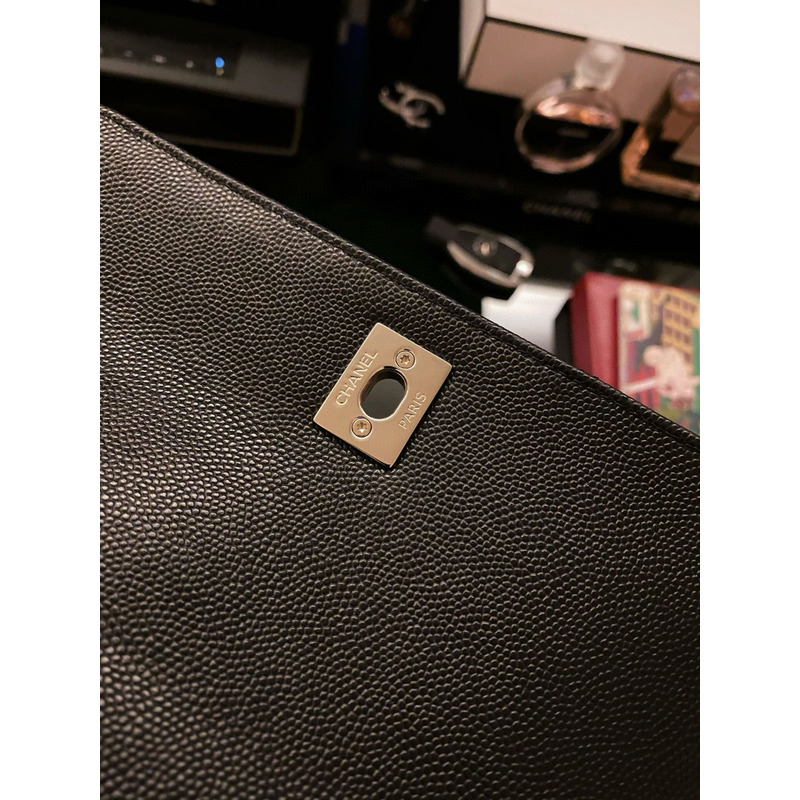 Ch*el flap bag with handle grained calfskin & gold-tone metal black