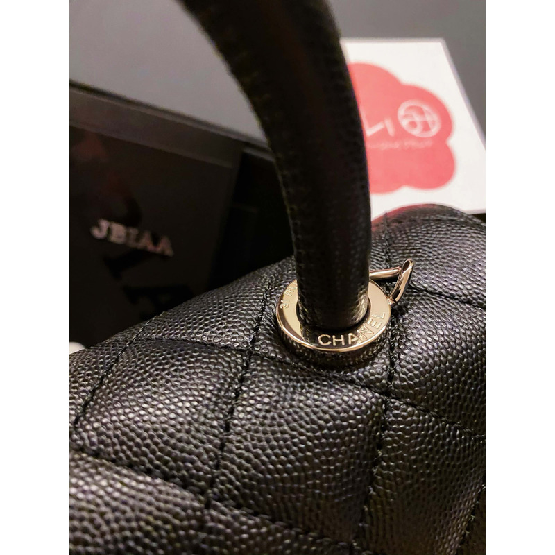 Ch*el flap bag with handle grained calfskin & gold-tone metal black