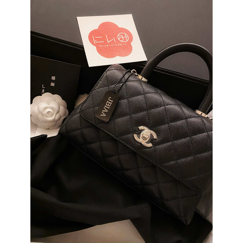 Ch*el flap bag with handle grained calfskin & gold-tone metal black