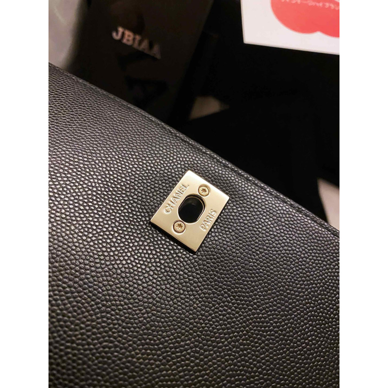 Ch*el flap bag with handle grained calfskin & gold-tone metal black