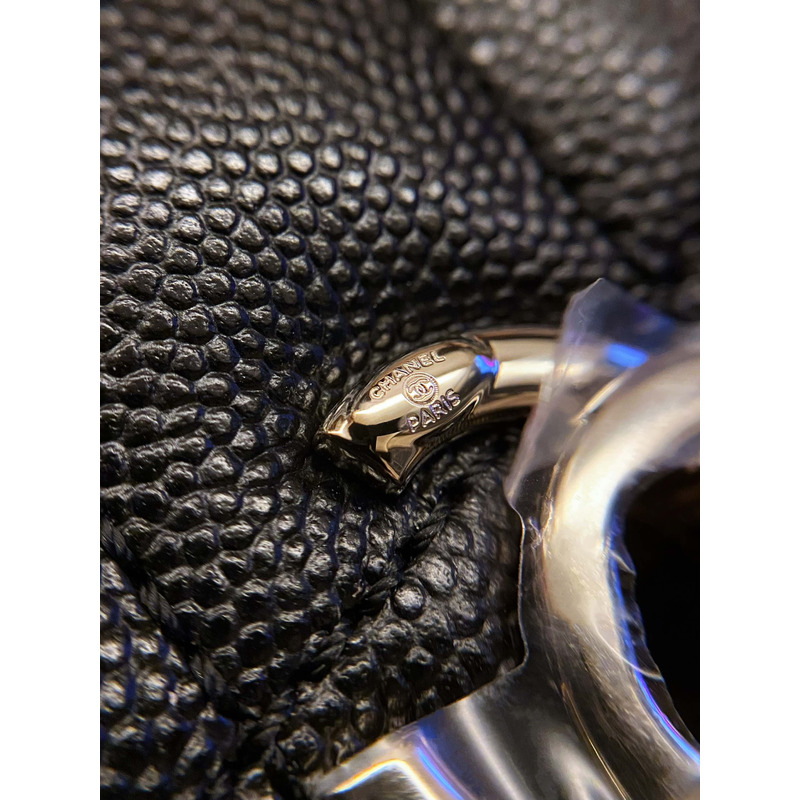 Ch*el flap bag with handle grained calfskin & gold-tone metal black