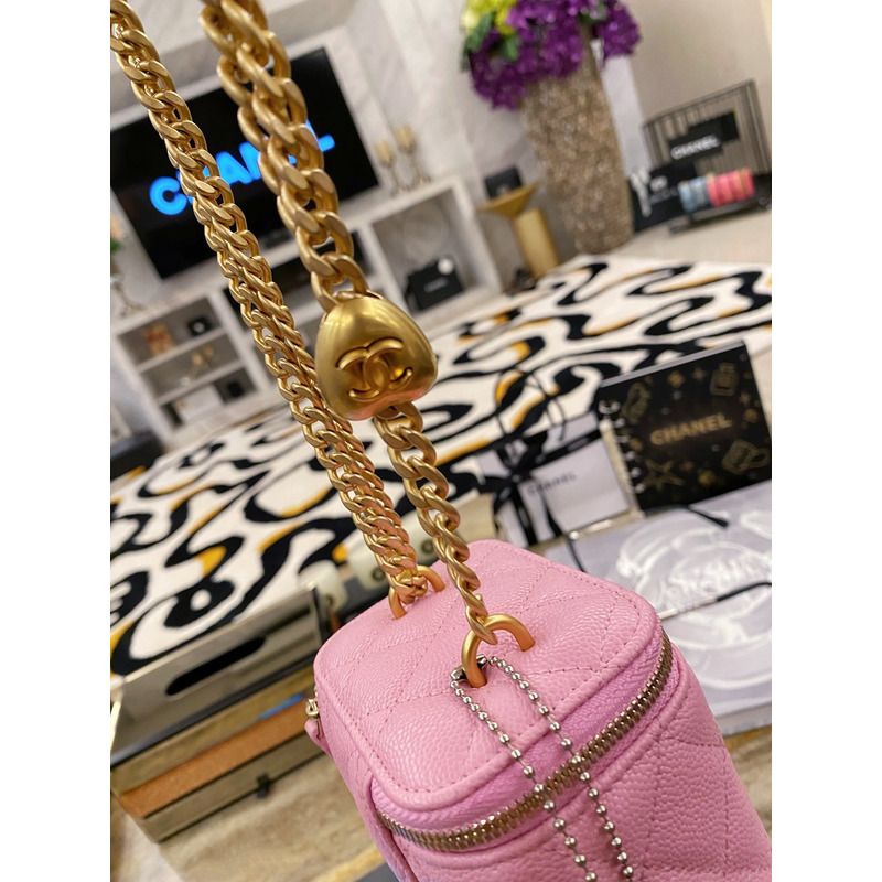 Ch*el quilted caviar mini vanity case gold hardware pink