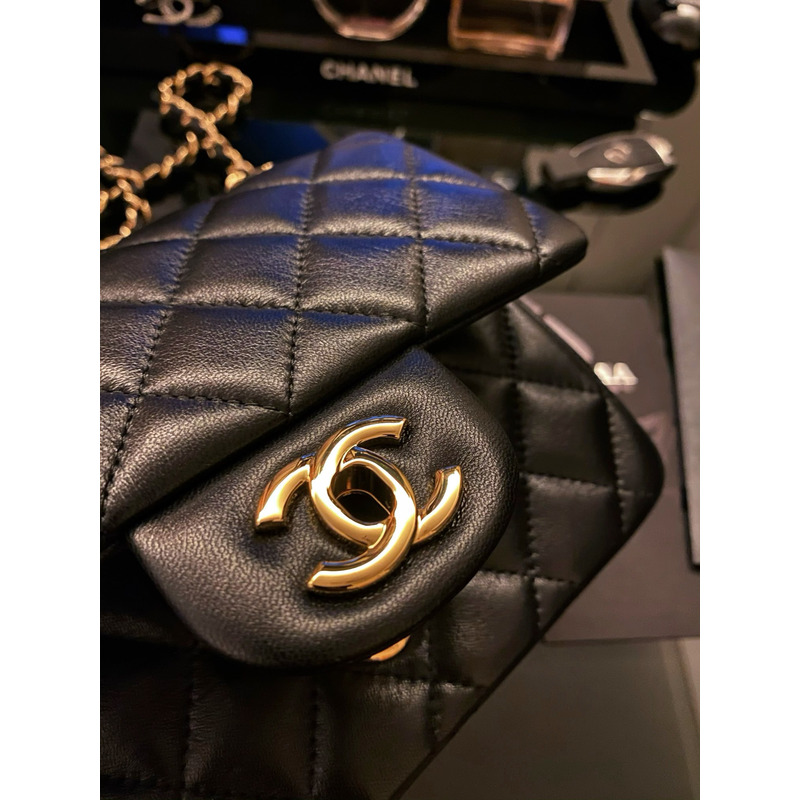 Ch*el mini classic handbag lambskin & gold-tone metal black