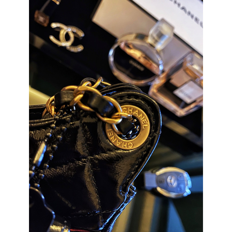 Ch*el shiny crumpled calfskin & gold-tone metal black