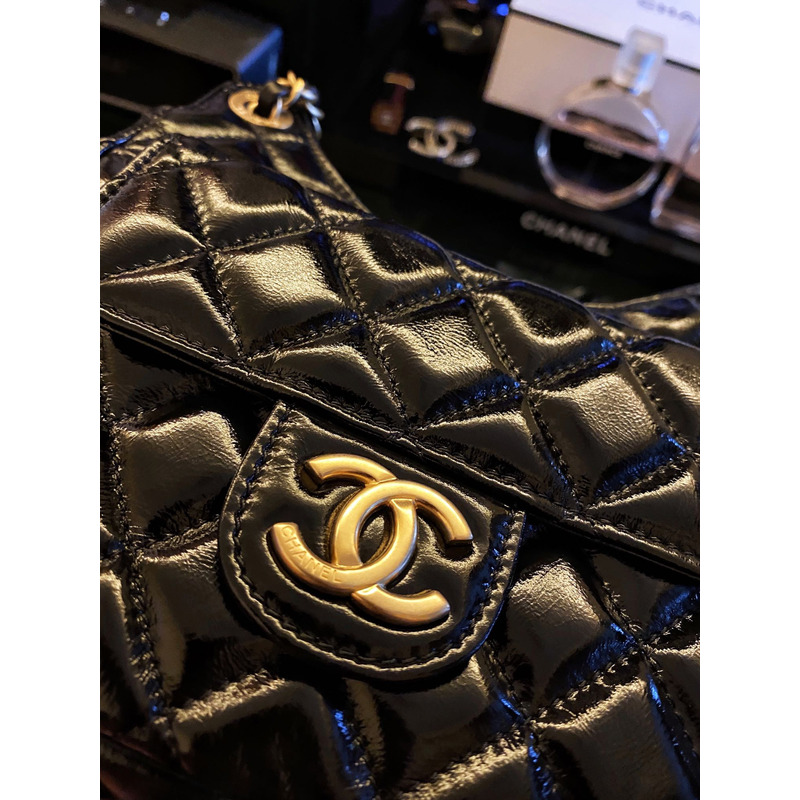 Ch*el shiny crumpled calfskin & gold-tone metal black