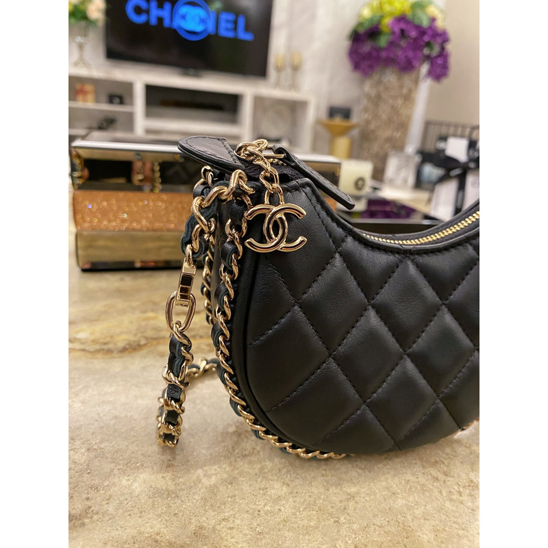 Ch*el small hobo chain shoulder bag calfskin black