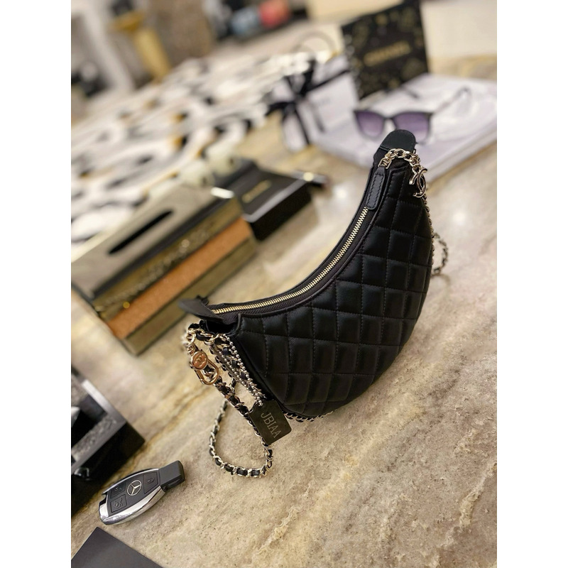 Ch*el small hobo chain shoulder bag lambskin black