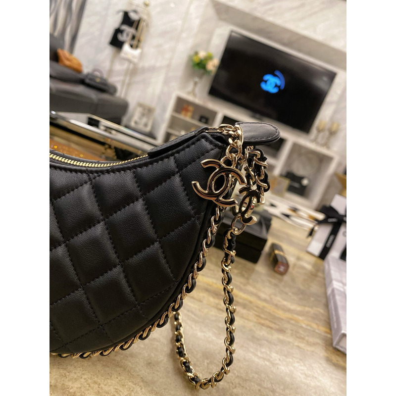 Ch*el small hobo chain shoulder bag lambskin black