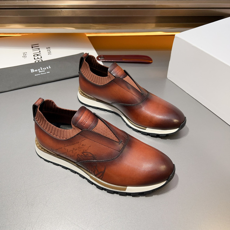 Berluti Fast Track Scritto Leather And Knit Slip-On Sneaker